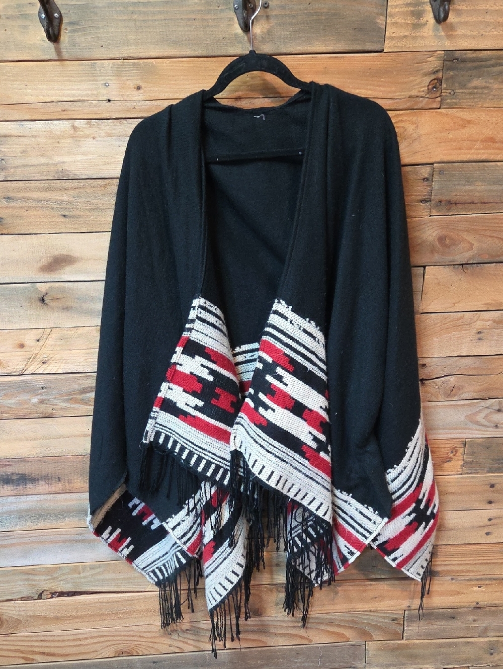 Black Fringe Poncho with Red & White Aztec Border Country Western